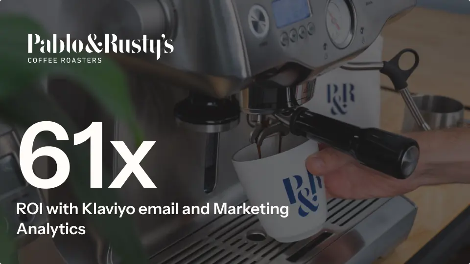 Pablo & Rusty's coffee machine with text: "61x ROI with Klaviyo email and Marketing Analytics.