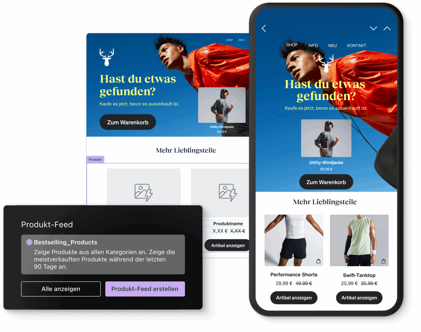 Zwei Smartphone-Bildschirme zeigen eine Mode-Website mit Angeboten für eine Utility-Windjacke, Performance Shorts und ein Swift-Tanktop.