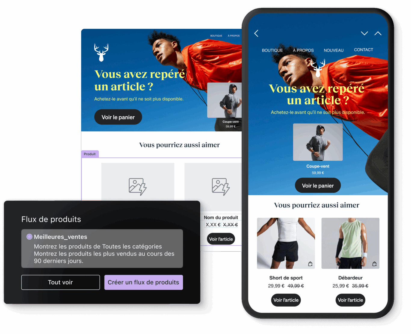Interface de site web de mode avec des options d'achat pour un coupe-vent, un short de sport et un débardeur.