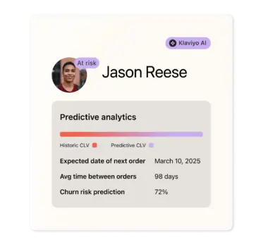 AI-predicted profile properties, including customer lifetime value (CLV), next order date, and churn risk prediction.