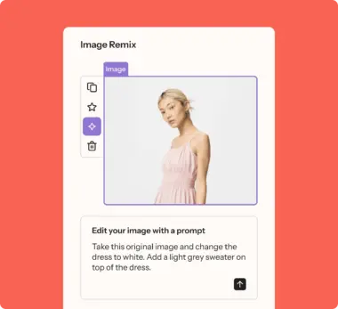 Image editing interface showing a woman in a pink dress with options to modify the image and a prompt to change the dress to white.