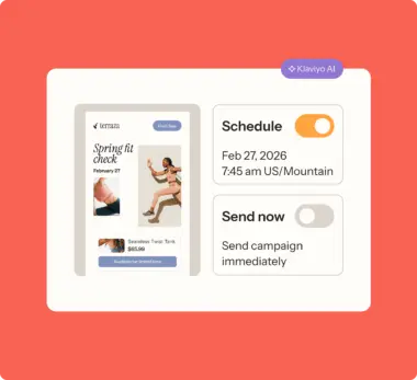 Email campaign scheduling interface with a preview of a "Spring fit check" ad for a seamless twist tank priced at $65.99.