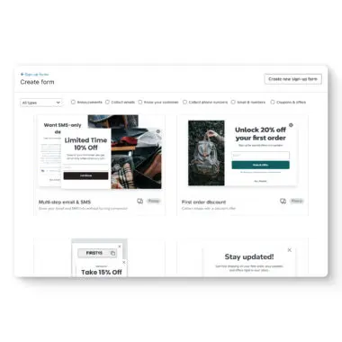 Klaviyo form library with a few templates (multi-step email and SMS, first order discount), and various filters (announcements, coupons, etc.)