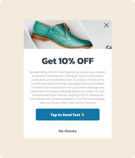 Pop up form promoting 10% off offer with 'tap to send text' button and 'no thanks' button