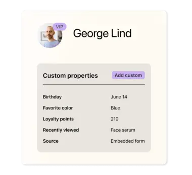 Customer profile showing various custom properties: birthday, favorite color, number of loyalty points, recently viewed product, and source.