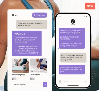 Two smartphone screens displaying chat interfaces. The left screen shows Klaviyo AI suggesting products like ZenFlow Yoga Mat and Cloud Runners. The right screen features a chat with Maya, offering a discount code and sizing advice.