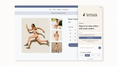 Online store page displaying "Blush Training Set" for $210 with size options. Sidebar shows "terraza" sign-in form.