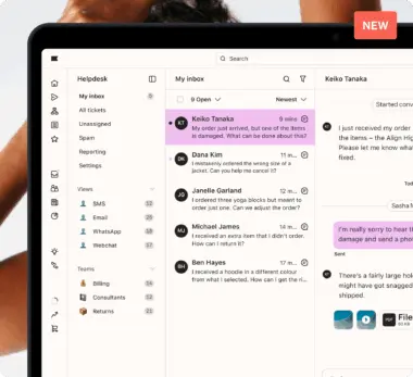 Helpdesk interface on a computer screen showing an inbox with customer messages. A "NEW" label is visible at the top right.