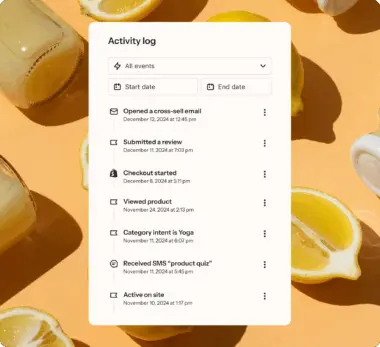Activity log interface showing events like email opened and review submitted, over a background with lemons and jars.