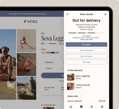 Tablet screen showing an online store for "Nova Leggings" with order details overlay. Options include tracking shipment and starting a return.