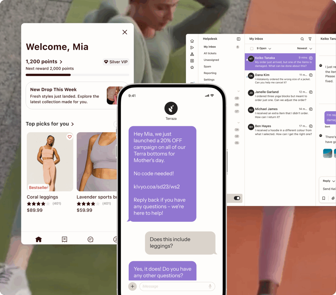 A mobile phone screen displays a text conversation about a 20% off sale on Terra bottoms. Surrounding screens show a shopping app and a helpdesk interface.