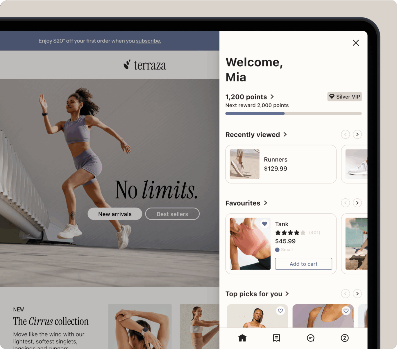 Woman in athletic wear running, with text "No limits." Sidebar shows user profile, points, and shopping options.
