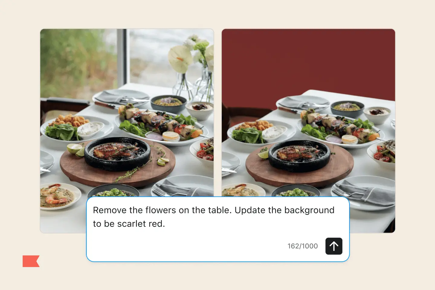Two images of a dining table with food. Left: flowers and outdoor view. Right: scarlet red background, no flowers.