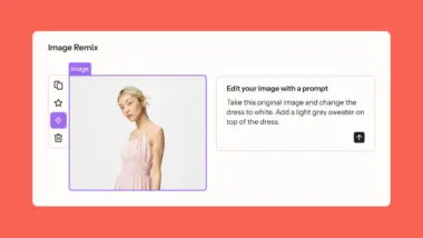A woman in a pink dress is shown in an image editing interface. Instructions suggest changing the dress to white and adding a grey sweater.