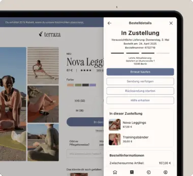 Tablet-Bildschirm zeigt eine Online-Bestellung von "Nova Leggings" und "Trainingsbänder" mit Lieferdetails und Bestelloptionen.