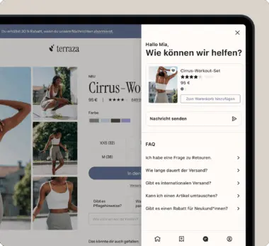 Online-Shop-Seite für ein Cirrus-Workout-Set mit Chat-Fenster für Kundenservice. Produktbilder und FAQ sichtbar.