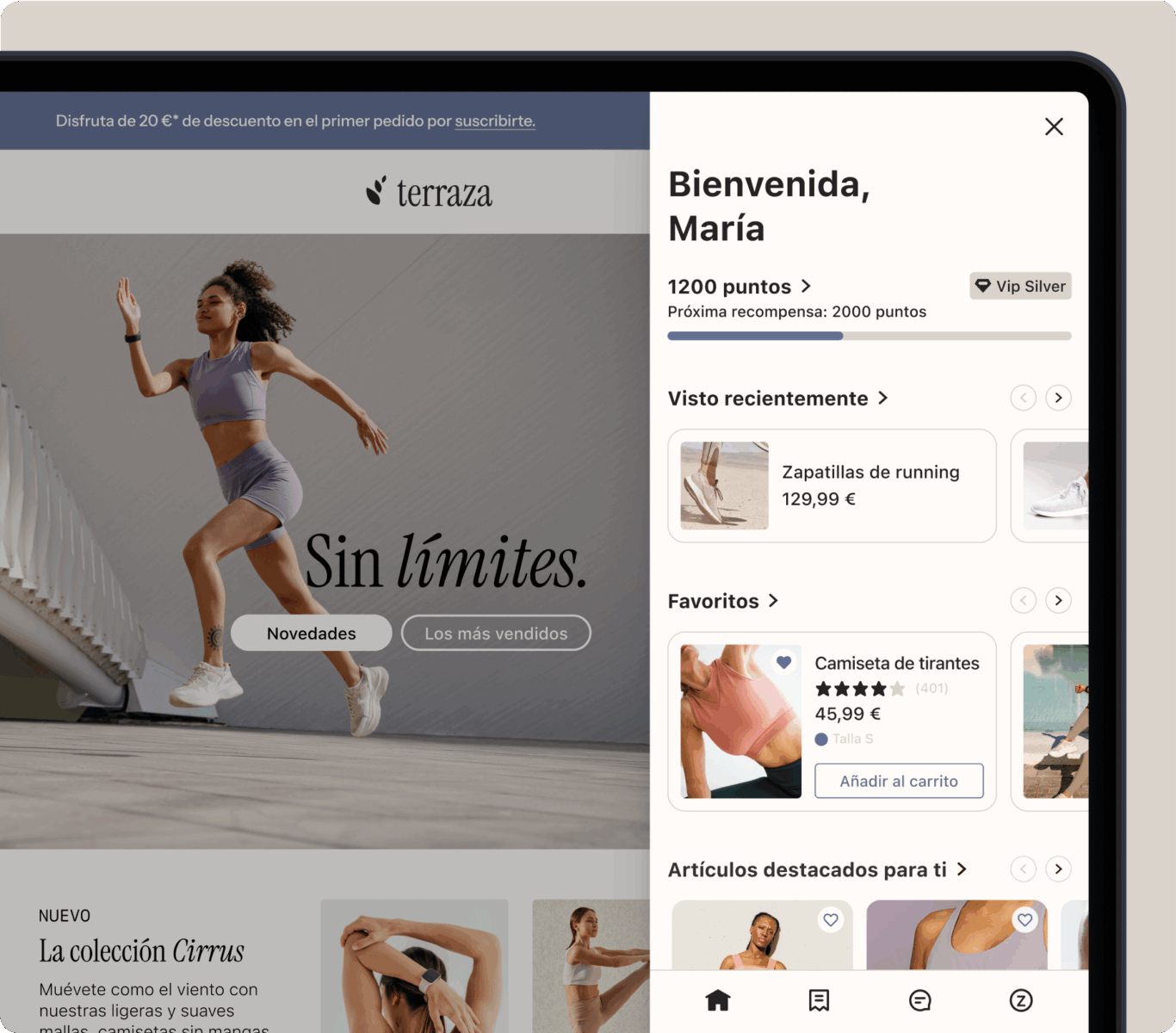 Mujer corriendo en ropa deportiva con texto "Sin límites". Panel lateral muestra perfil de usuario, puntos y productos recomendados.