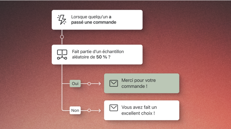 Une illustration produit affiche le flux de test de deux messages possibles suite à une commande passée par un client.