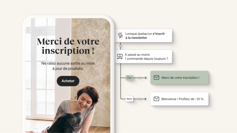 Une illustration produit montre un flux de série de bienvenue déclenché par de nouveaux abonnés. À côté, un écran de téléphone affiche un e-mail remerciant de l’inscription.