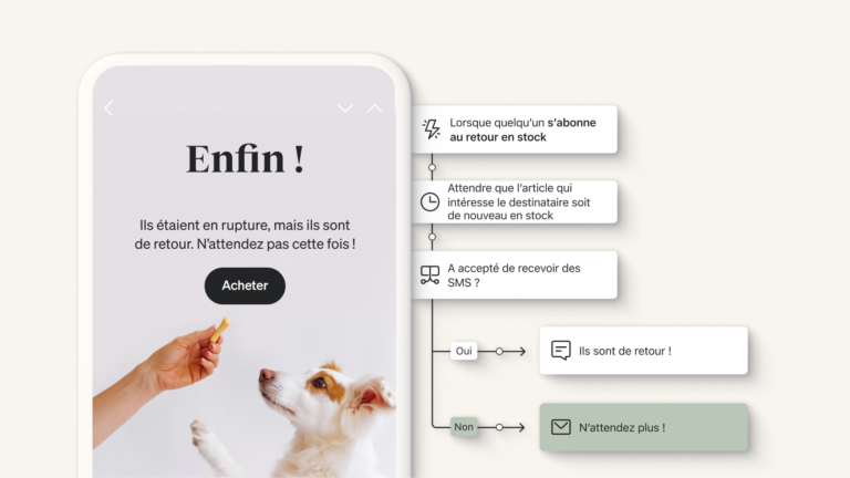 Une illustration montre un flux déclenché par une personne s’inscrivant aux notifications de retour en stock. L’illustration chevauche un téléphone qui affiche un e-mail ayant pour objet « N’attendez plus ! » L’e-mail encourage le destinataire à acheter maintenant avant que l’article soit de nouveau en rupture de stock.