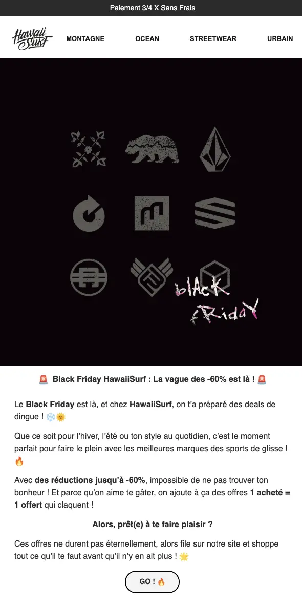 Bannière Black Friday de HawaiiSurf avec logos de marques de streetwear et message annonçant des réductions jusqu'à -60 %.