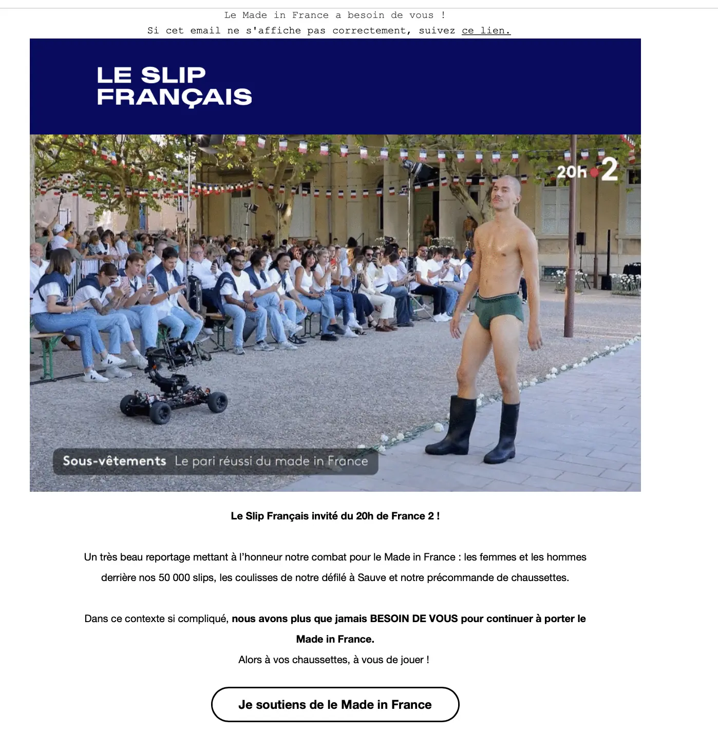 Email du Slip Français mettant en avant leur passage au journal télévisé et appelant à soutenir le Made in France.