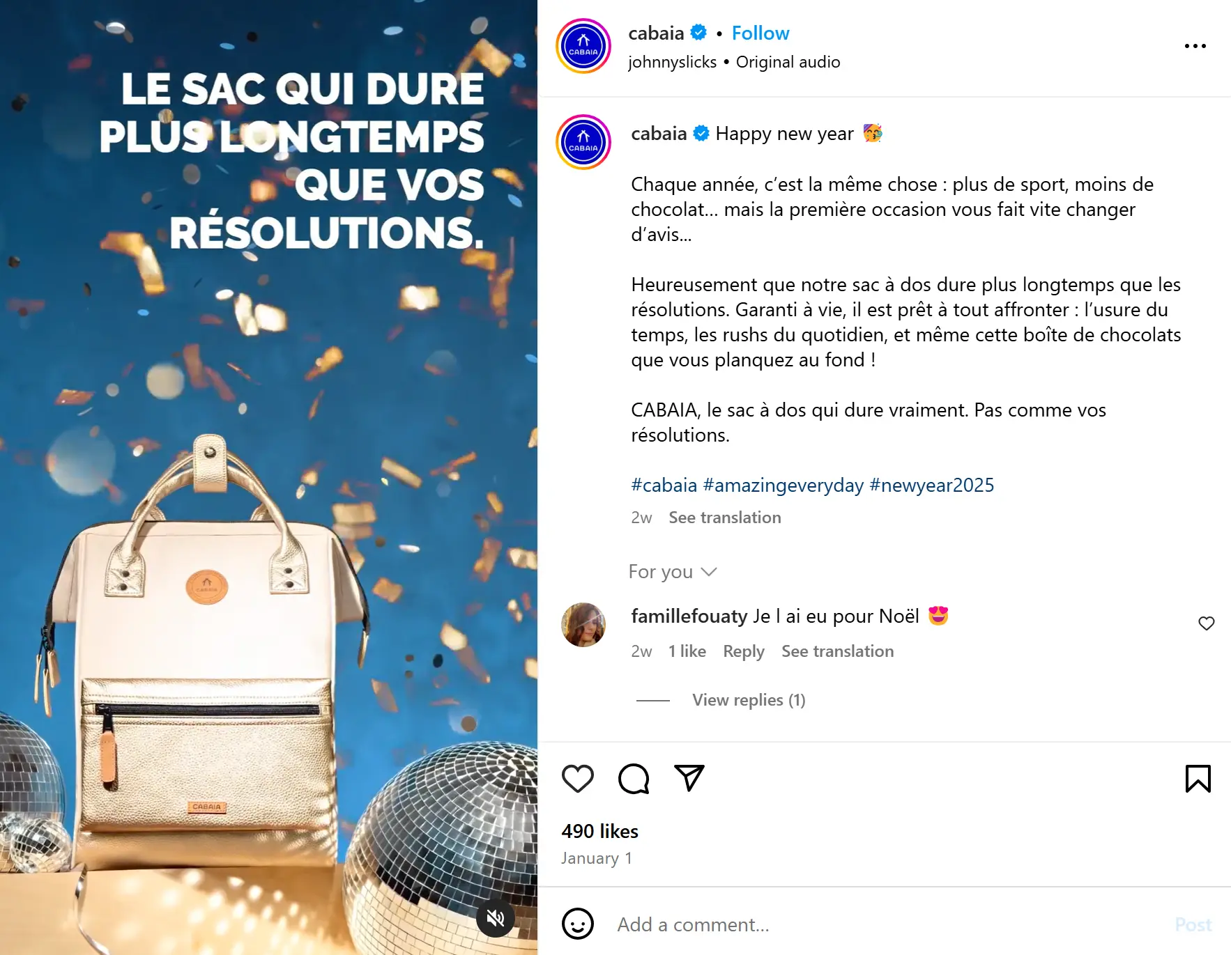 Calendrier éditorial exemple de Cabaïa pour une campagne de Nouvel An 2025, illustrant un post Instagram créatif autour de la durabilité des sacs.