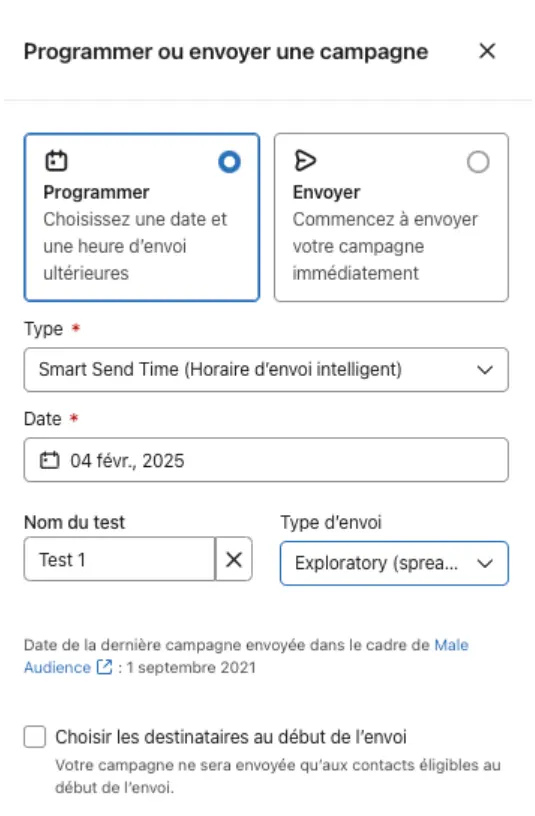 Interface de programmation d’une campagne dans Klaviyo avec l’option Smart Send Time sélectionnée, une fonctionnalité clé pour savoir quand envoyer une newsletter à la bonne heure.