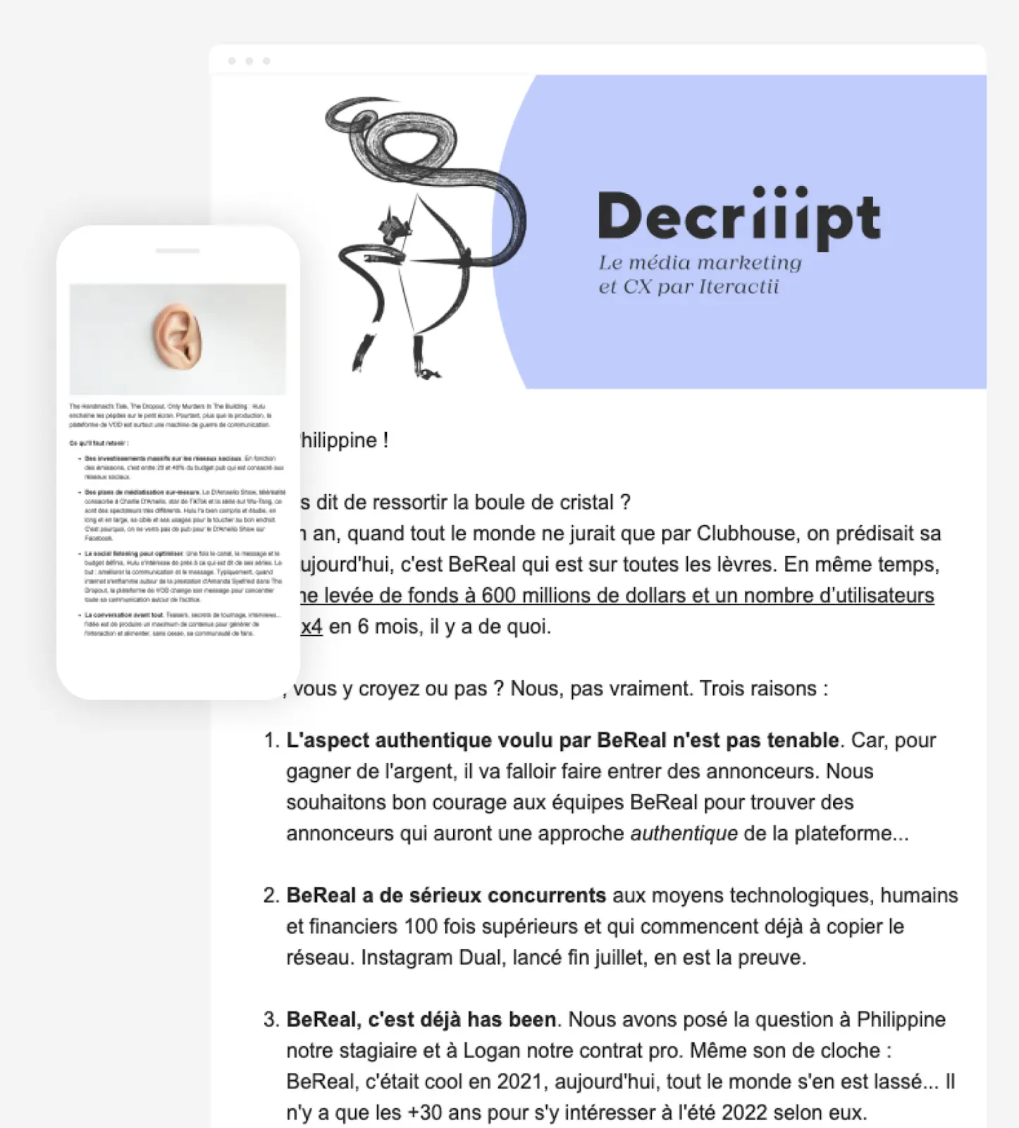 Aperçu de la newsletter Decriipt par Iteractii, avec un visuel illustré et un article sur l’avenir de BeReal.