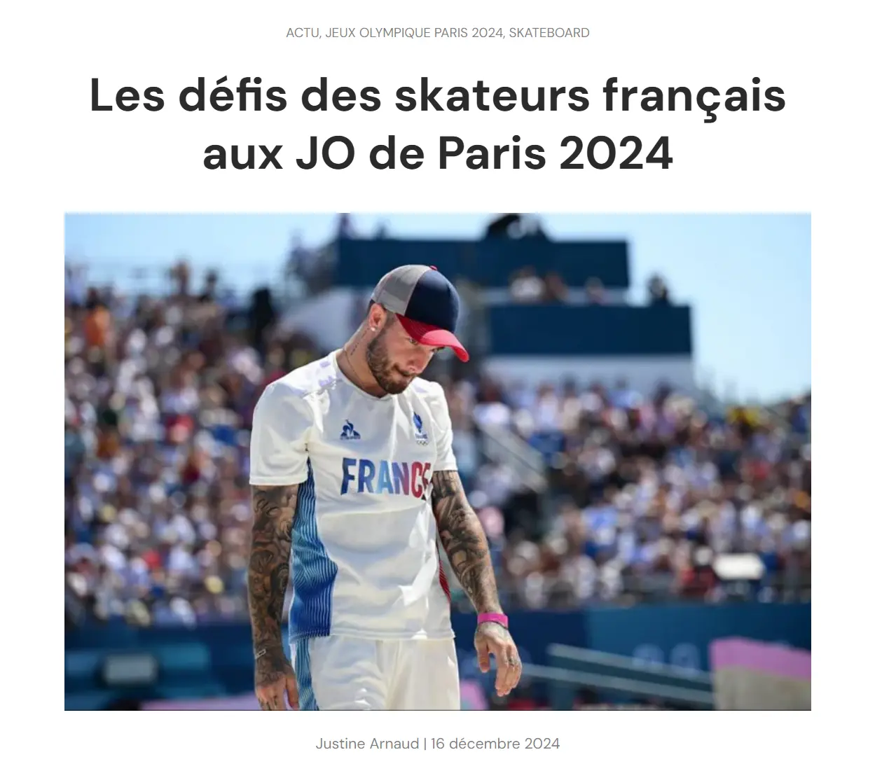 Calendrier éditorial exemple pour une marque de sport, avec un article sur les skateurs français aux JO 2024, idéal pour une campagne de contenu saisonnier.