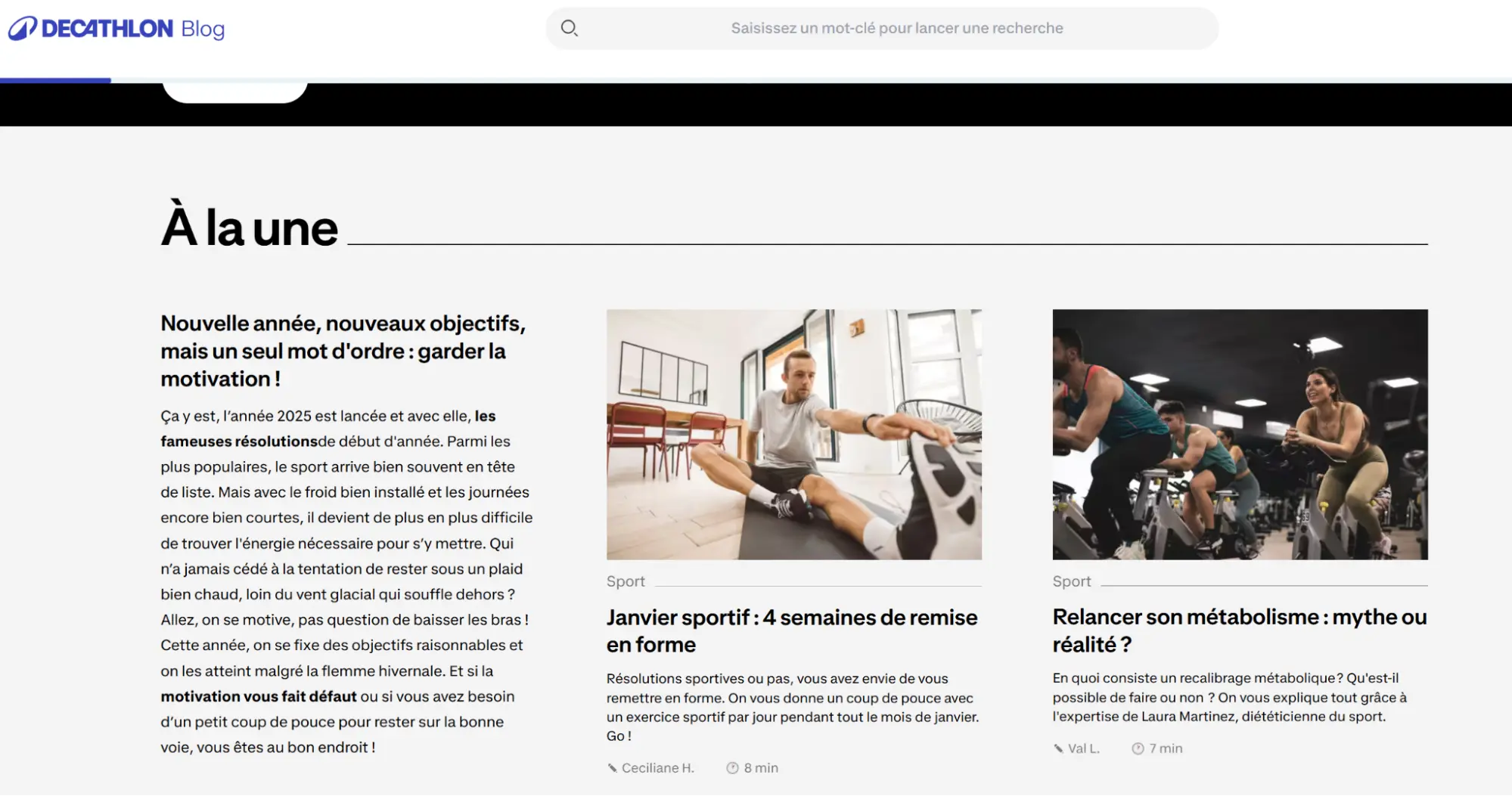 Exemple de calendrier éditorial pour une marque de sport comme Decathlon, combinant article de blog, conseils sportifs et contenus motivationnels en janvier.