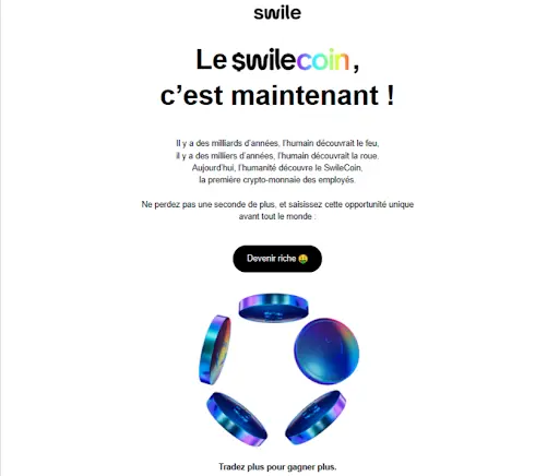 Annonce humoristique de Swile pour le lancement de SwileCoin, illustrée par des pièces de monnaie bleues.