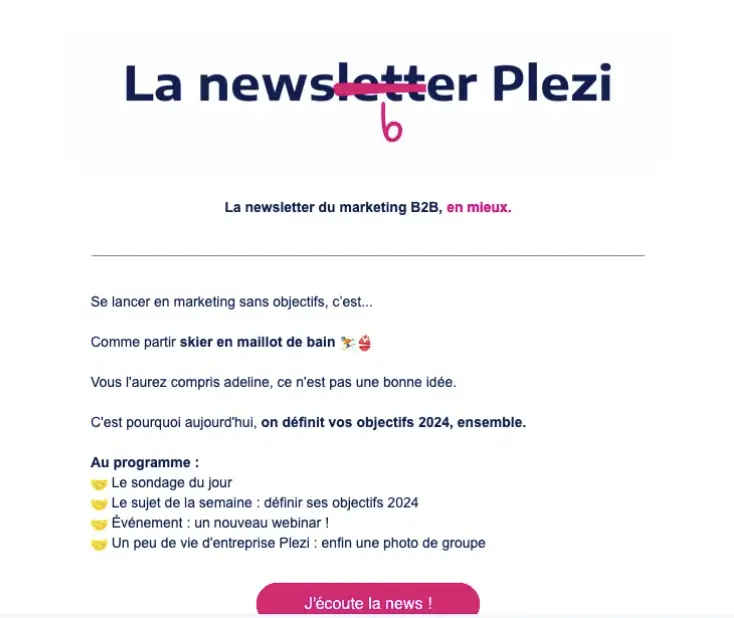 Newsletter Plezi avec jeu de mots sur le titre, proposant un programme de contenus marketing B2B.