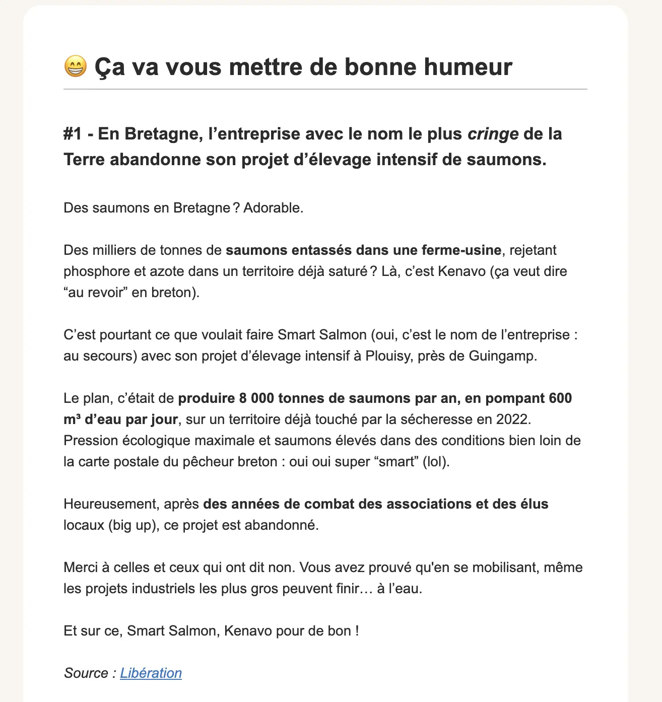 Section d’une newsletter avec une bonne nouvelle environnementale sur l’abandon d’un projet de ferme de saumons en Bretagne.