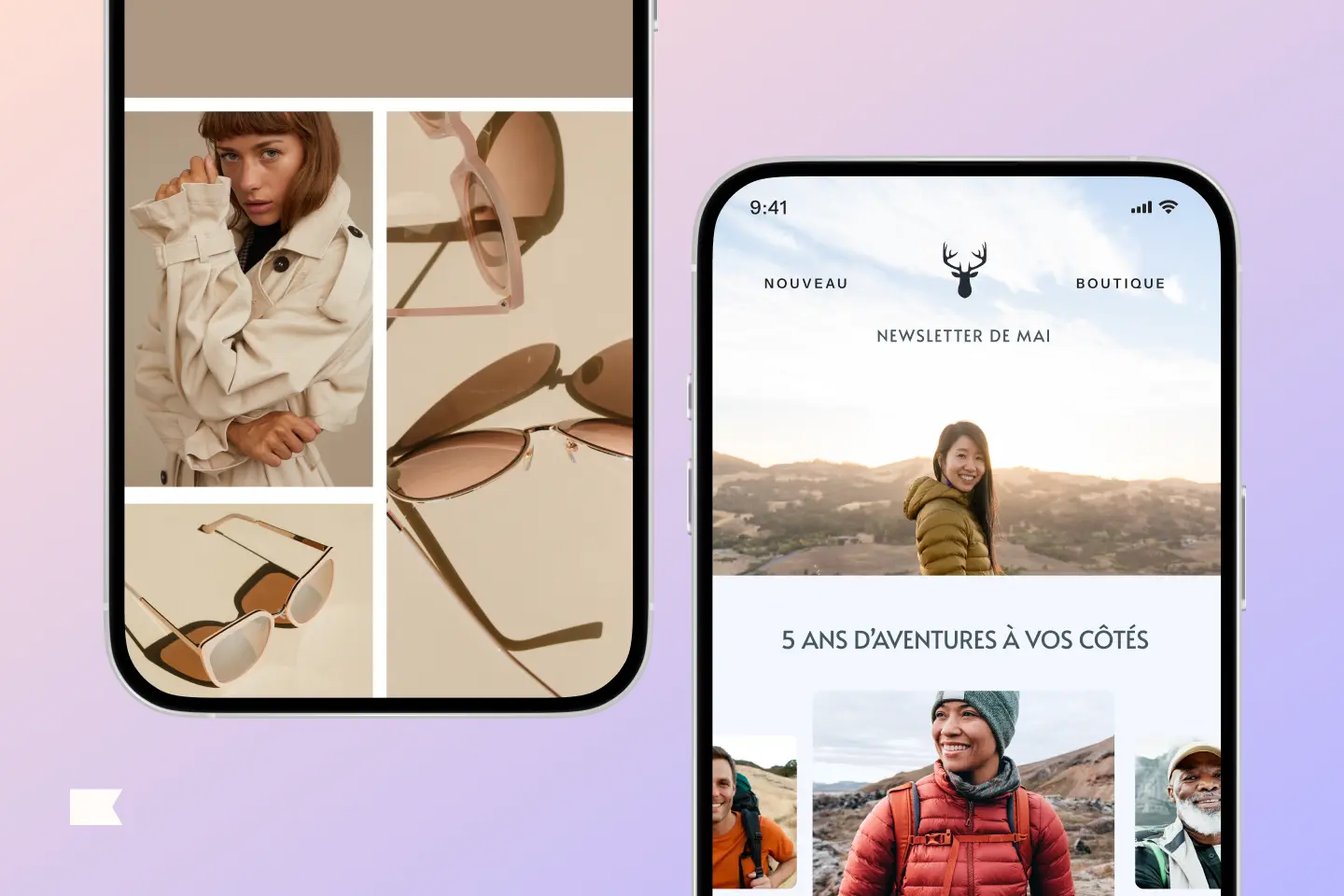 Deux écrans de smartphone affichant des images de mode et une newsletter de mai avec des photos de personnes en plein air.