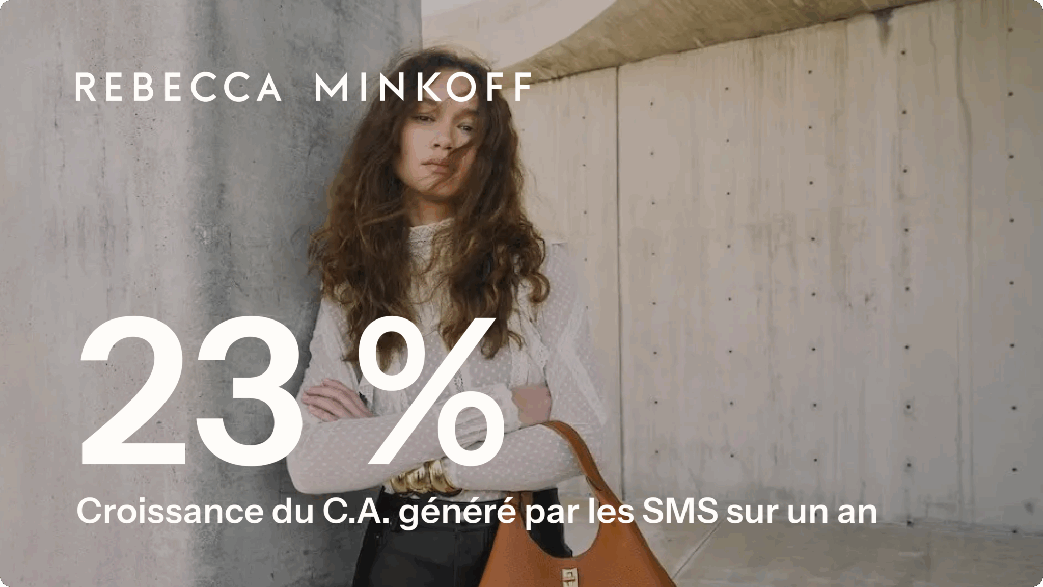 Femme posant avec un sac à main, texte "Rebecca Minkoff" et "23% Croissance du C.A. généré par les SMS sur un an".