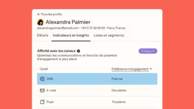 Profil de communication d'Alexandra Palmier avec préférence pour SMS, e-mail et notifications push. Utilisation de Klaviyo AI.