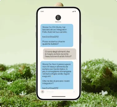 Smartphone su sfondo erboso mostra una conversazione di messaggi con Stone Co. riguardo integratori di acido folico.