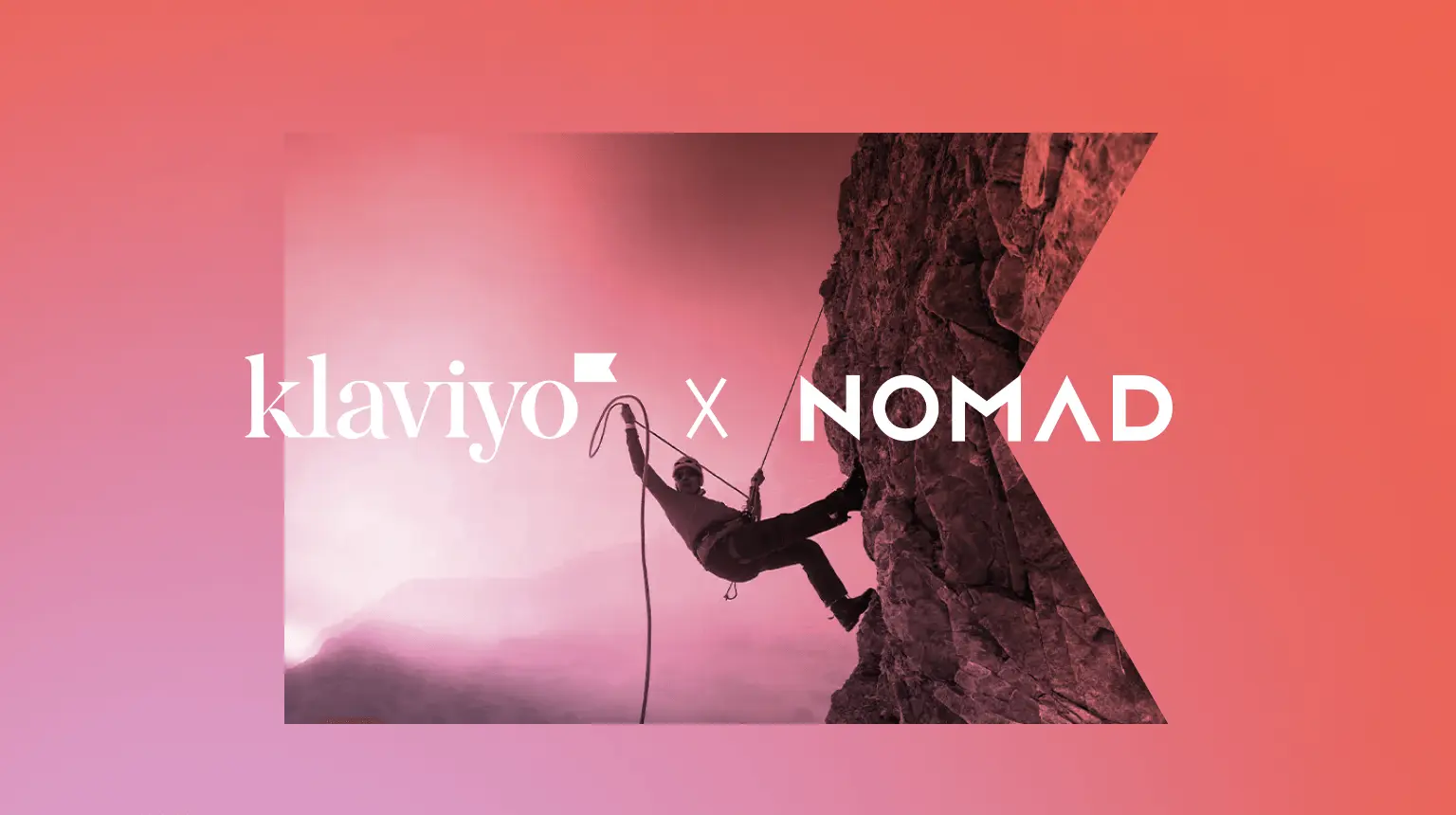 Person scaling side of rock with Klaviyo and Nomad logos over image