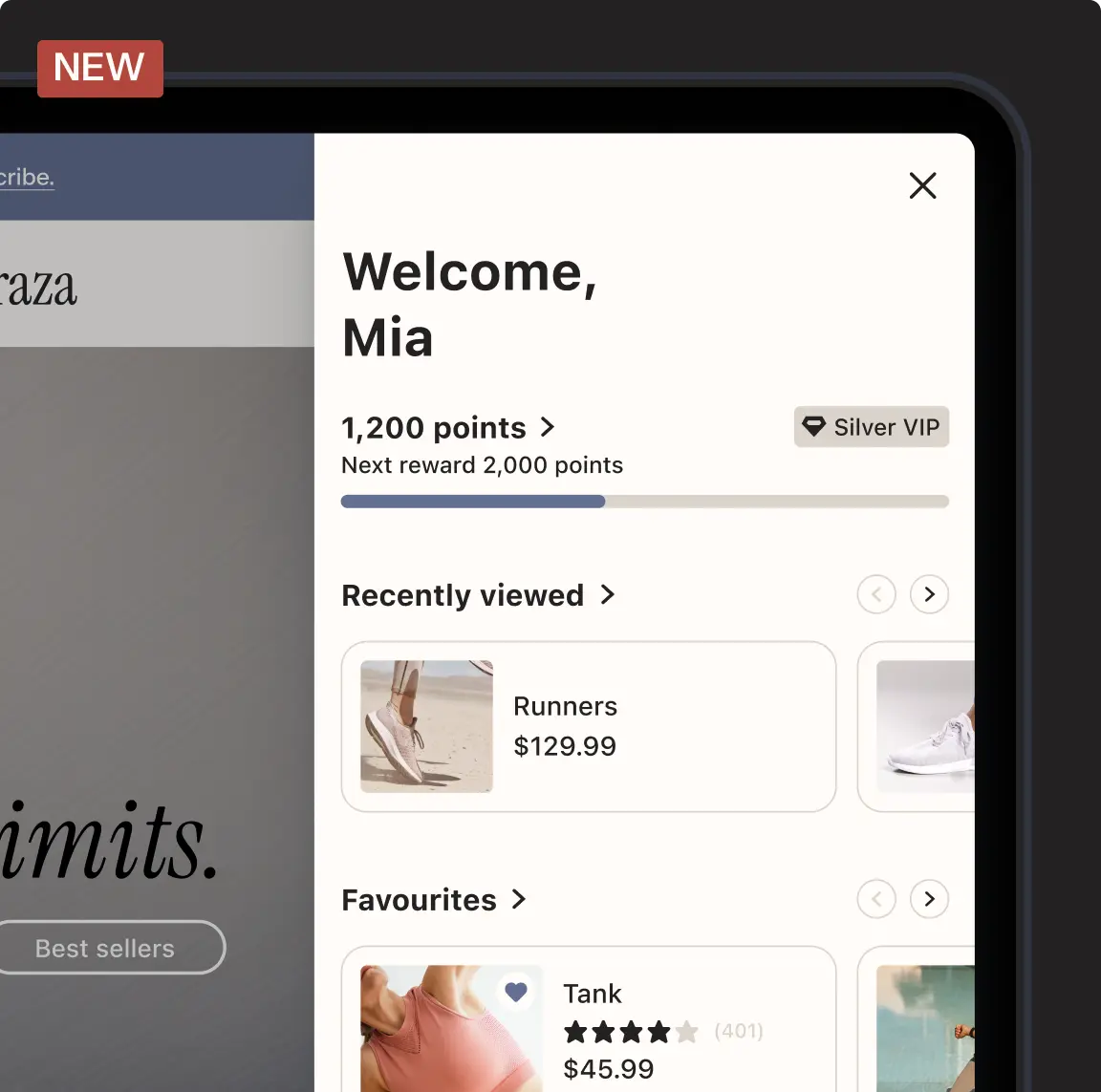 Shopping app interface showing a welcome message for Mia, 1,200 points, recently viewed items, and favorites.