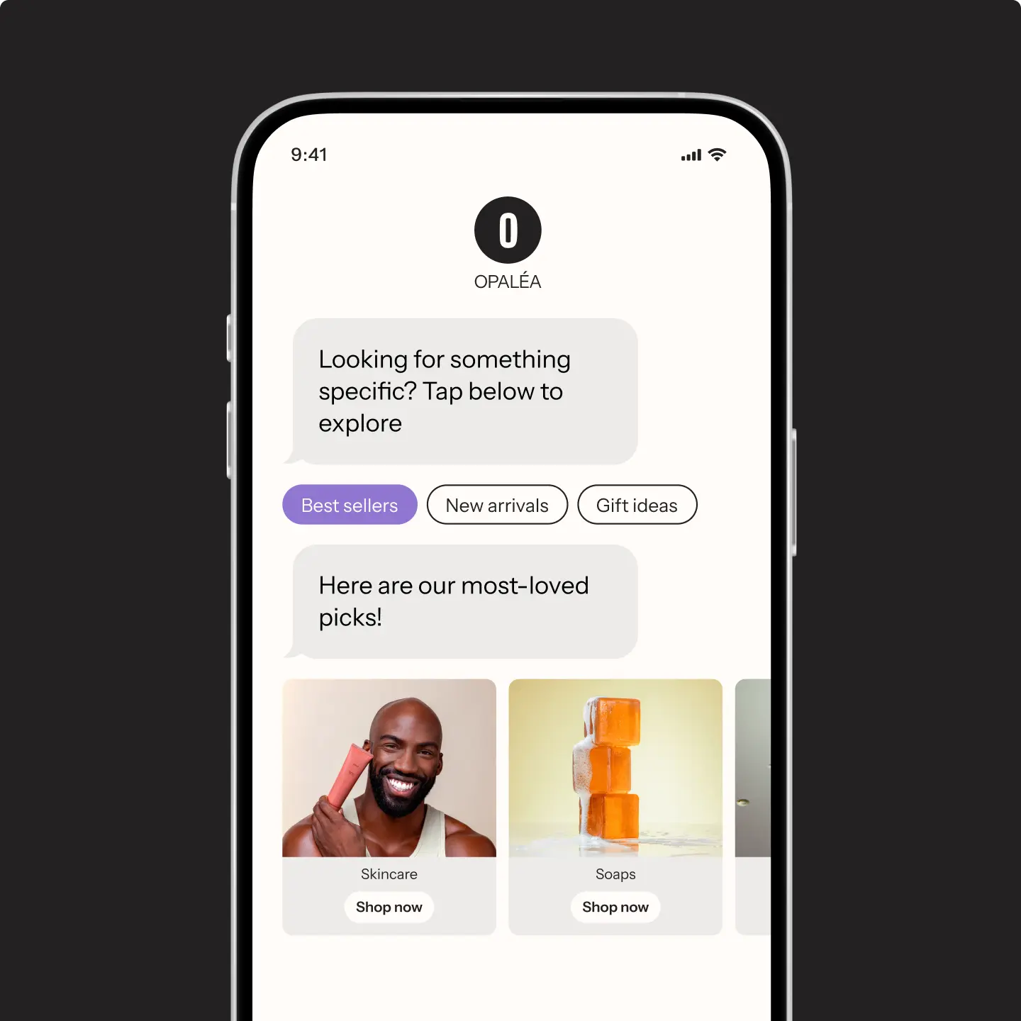 Smartphone screen displaying a shopping app with categories like "Best sellers" and product options for skincare and soaps.