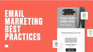 Email marketing best practices text with a sample email template showing free shipping offer and product details.