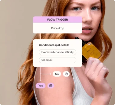 Woman holding a skincare product with overlay text about a "Flow Trigger" for a price drop and "Conditional split details" for email.