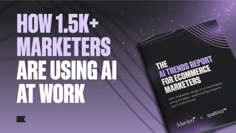 Text that says "How 1.5k+ marketers are using AI at work" next to an image of the cover for the The AI Trends Report For Ecommerce Marketers