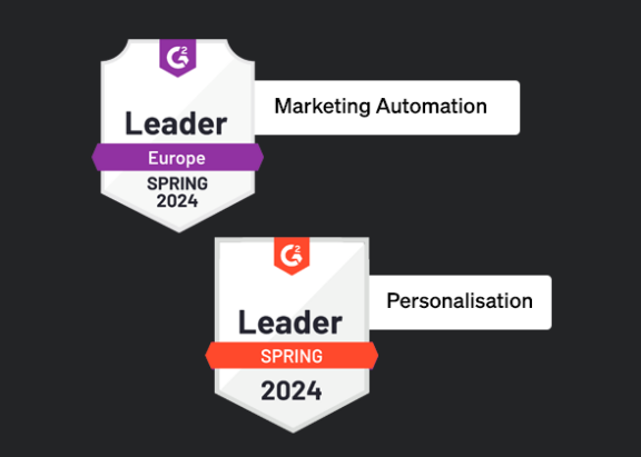2024 G2 badges for Klaviyo showing as leader in category of Marketing Automation and Personalisation