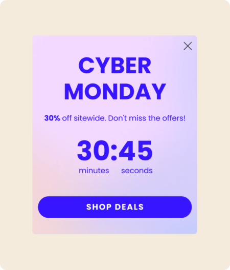 Pop-up form alerting about a Cyber Monday sale, with a countdown timer showing it starts in 30 minutes and 45 seconds.