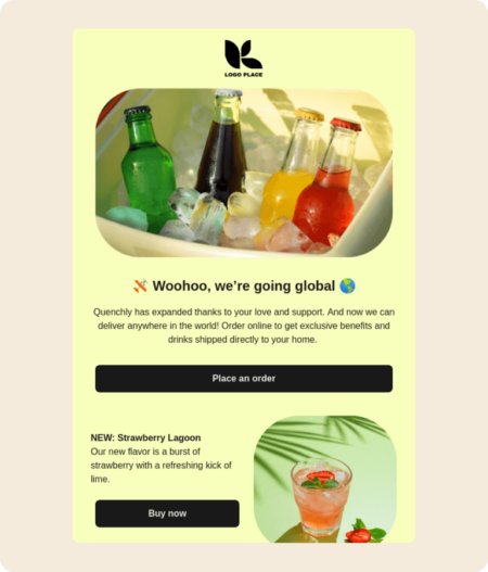 A Klaviyo email template for announcements; top half features announcement with 'place an order' button, bottom half features a specific products with 'buy now' button