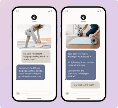 Two smartphones display chat screens. The left shows a conversation about Powersoft leggings, and the right discusses a ZenFlow mat.
