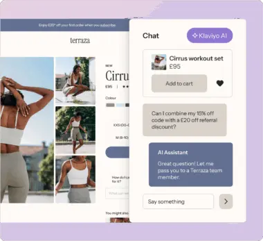 Online shopping interface for a "Cirrus workout set" priced at £95, with a chat window featuring Klaviyo AI assistance.
