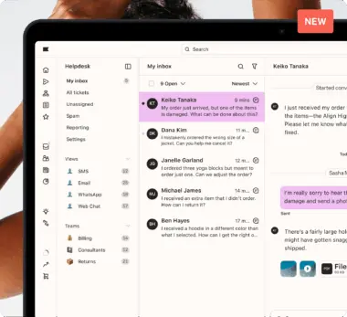 A helpdesk interface on a laptop screen showing an inbox with customer messages. A "NEW" label is visible at the top right.